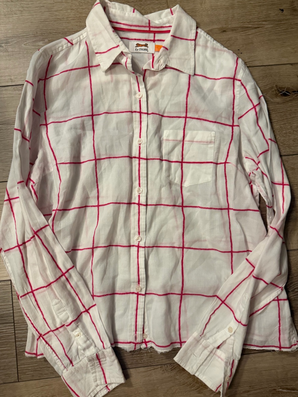 Le Tigre White Button-Down Shirt with Pink Windowpane Grid